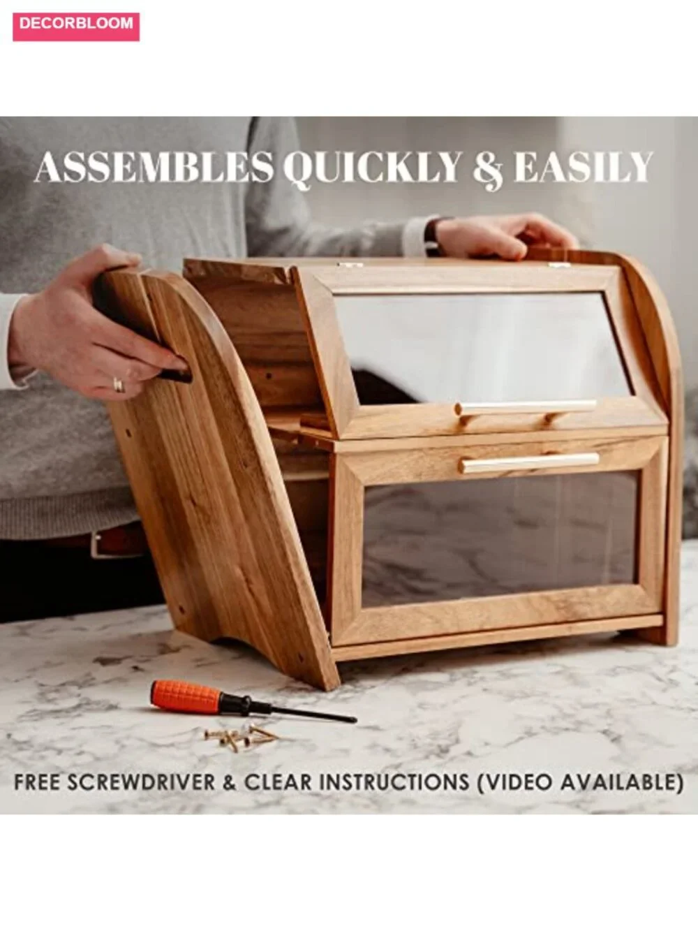 Extra Large 2-Shelf Acacia Wood Bread Box with Clear Windows